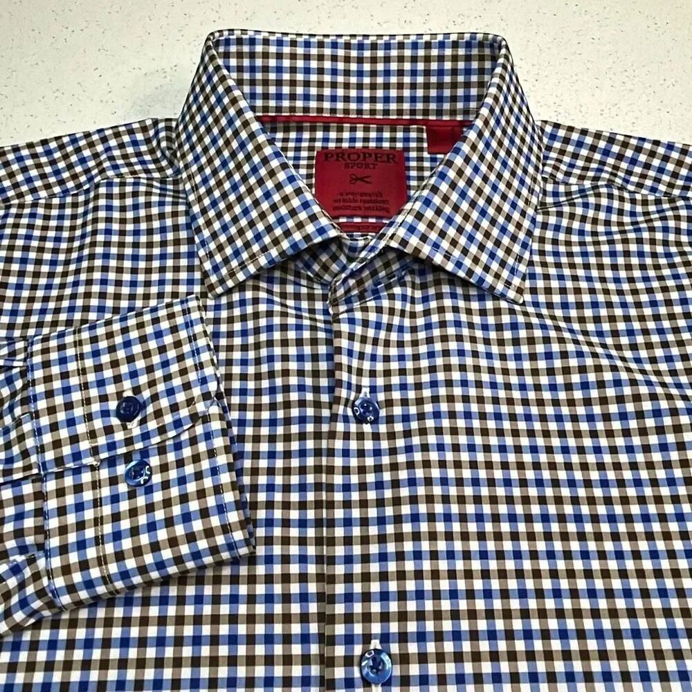 Proper Sport Mens L Blue Brown Check Performance Stretch Shirt 4-Way Stretch Con